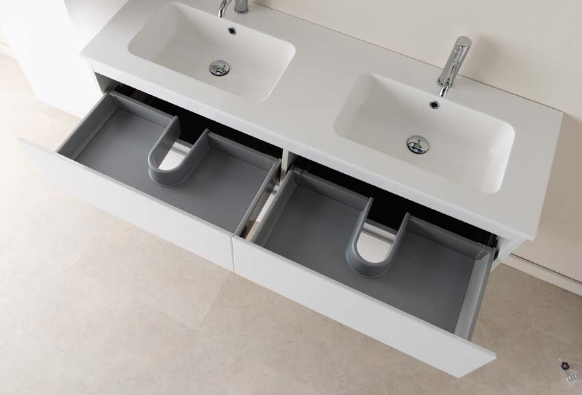 Meuble de salle de bain Tibo blanc 1400 mm lavabo double blanc brillant