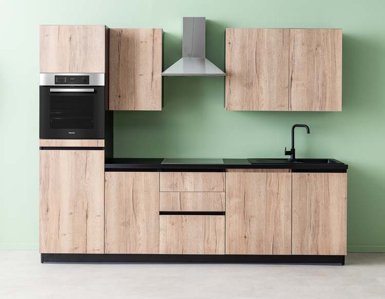 Keuken Plenti 280 cm - oven boven - lades - met toestellen - zwart-houtlook