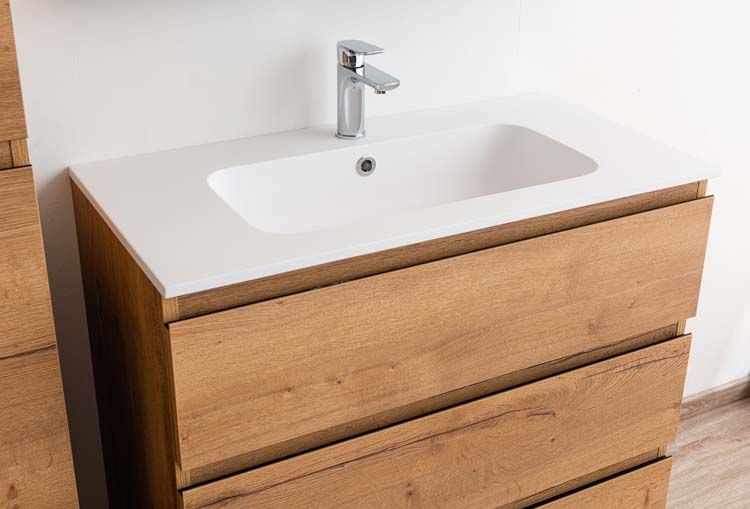 Meuble de salle de bain Daria chêne brun doré 900 mm sur pied lavabo mat