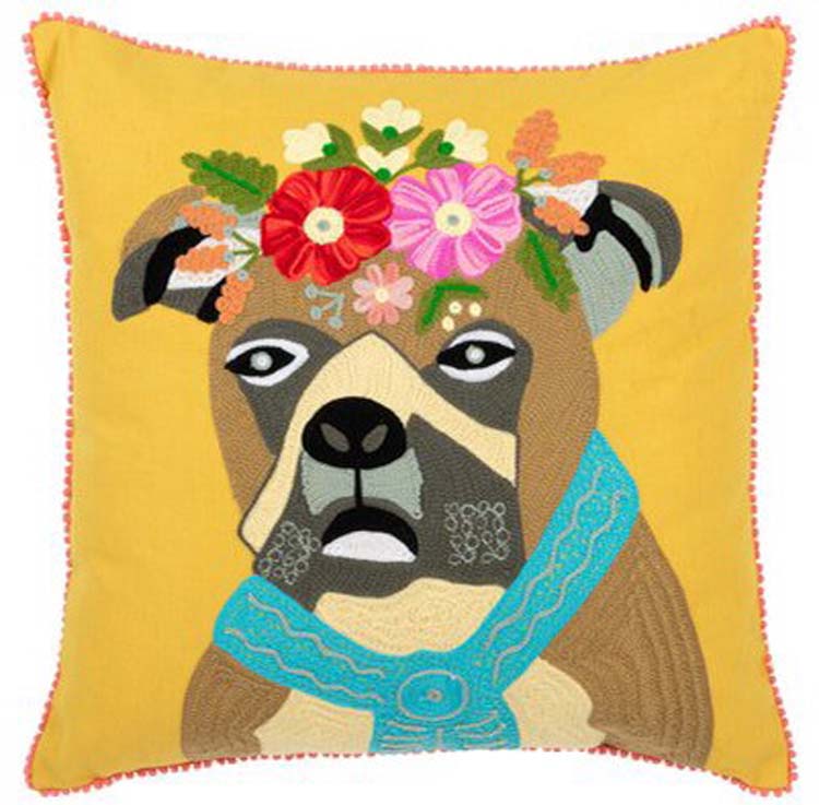 Coussin chien avec fleurs - jaune - coton/polyester - 45 x 45 cm