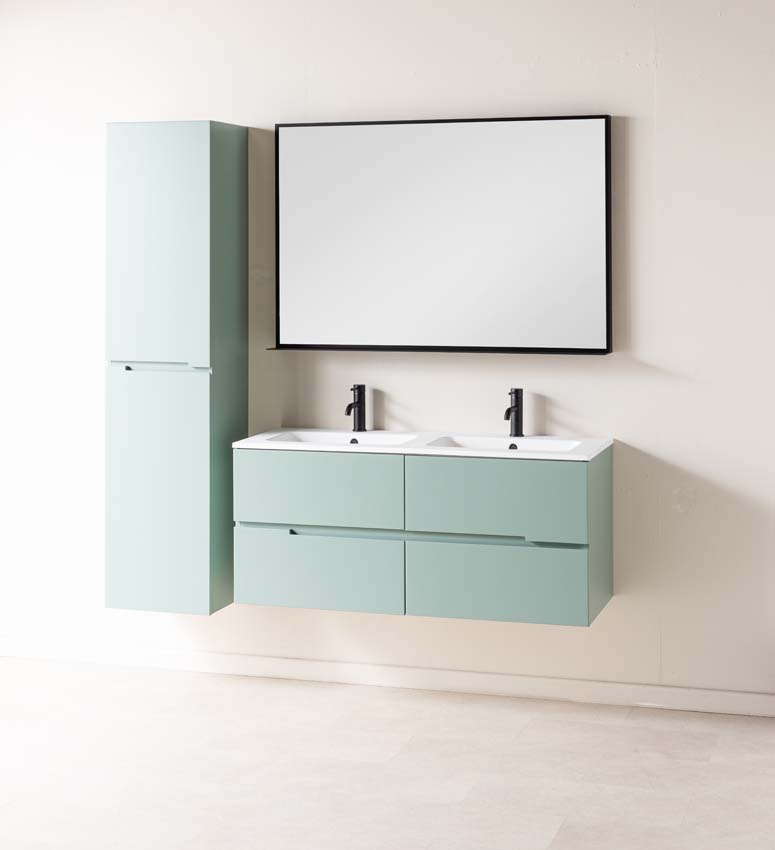 Meuble de salle de bain Truman gris-vert 1200 mm lavabo double blanc mat