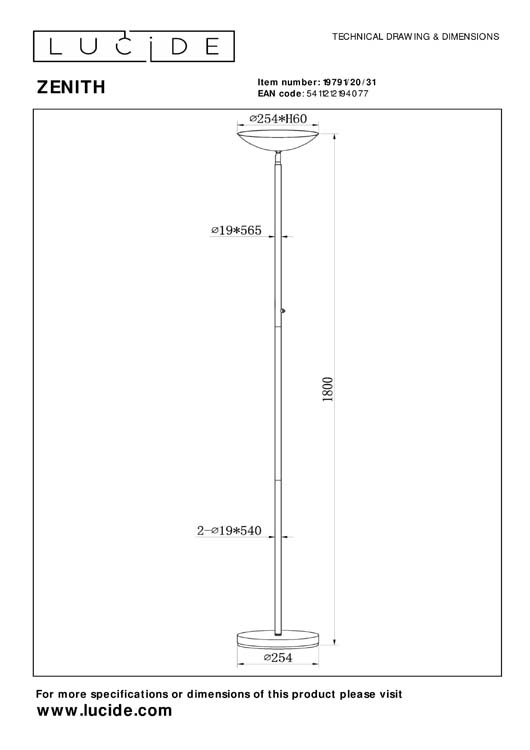 Lucide ZENITH - Vloerlamp - LED Dimb. - 1x20W 3000K - Wit