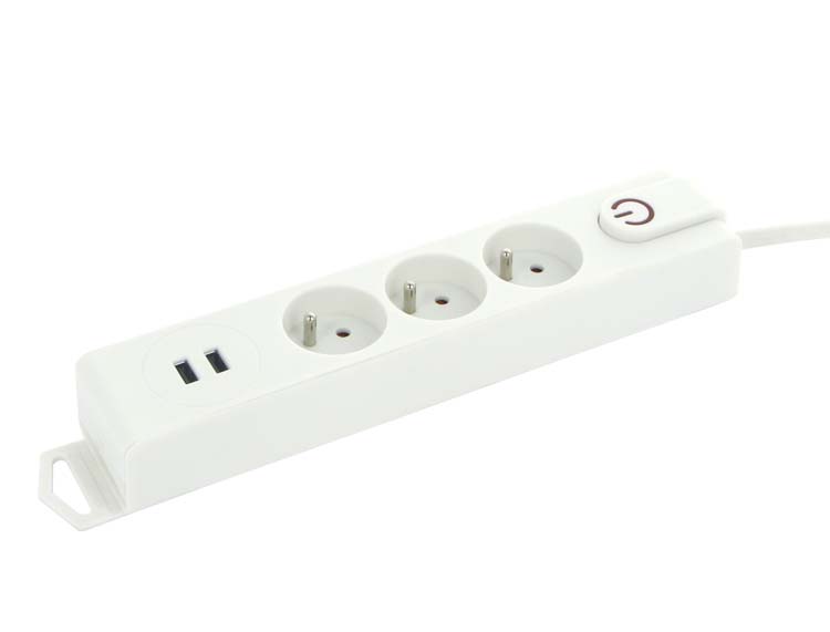 3X Multiprise +Interrupteur +2USB +1.5m Blanc