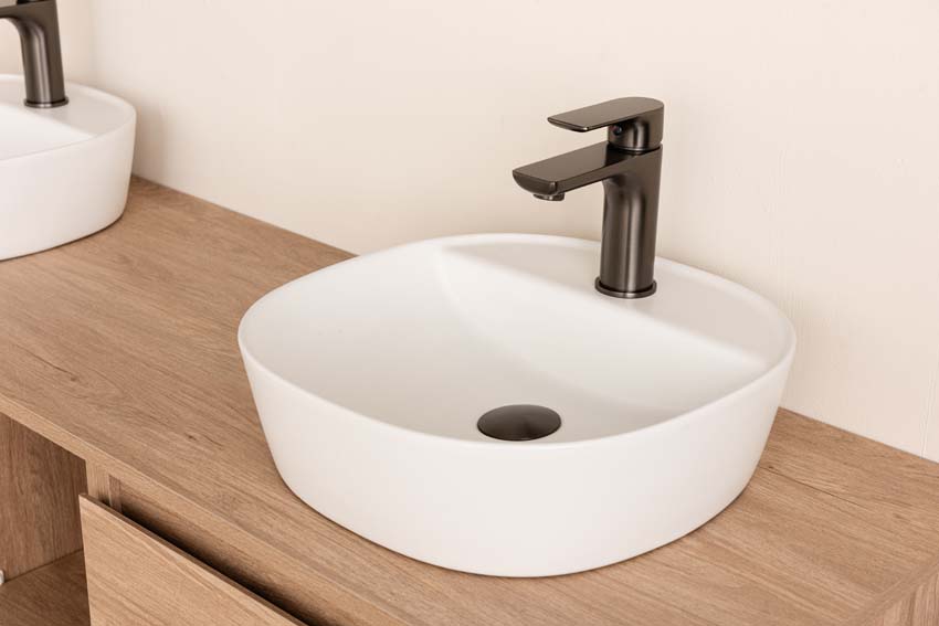 Meuble de salle de bain Bella aspect chêne 1500 mm lavabo double blanc avec  trous pour robinets