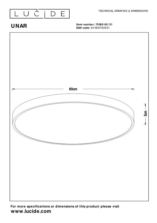 Lucide UNAR - Plafonnier - Ø 60 cm - LED Dim. - 1x60W 2700K - 3 StepDim - Blanc