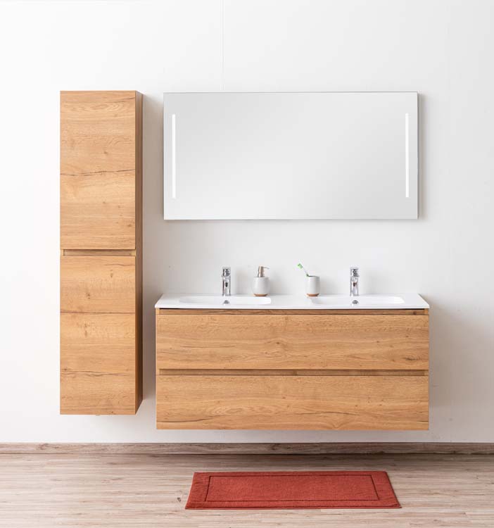 Meuble de salle de bain Daria chêne brun doré 1400 mm 2 lavabo brillant