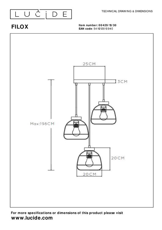 Lucide FILOX - Hanglamp - 3xE27 - H198 cm - Zwart