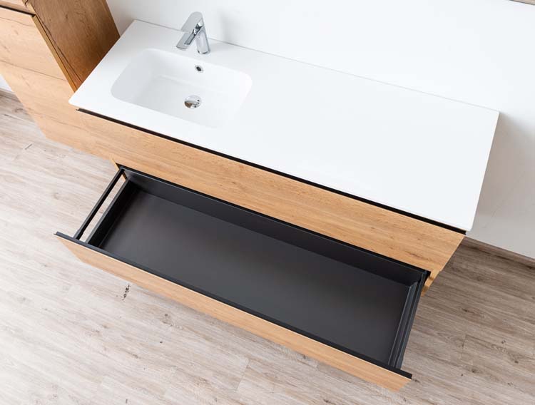 Meuble de salle de bain Daria chêne brun doré 1400 mm lavabo brillant gauche