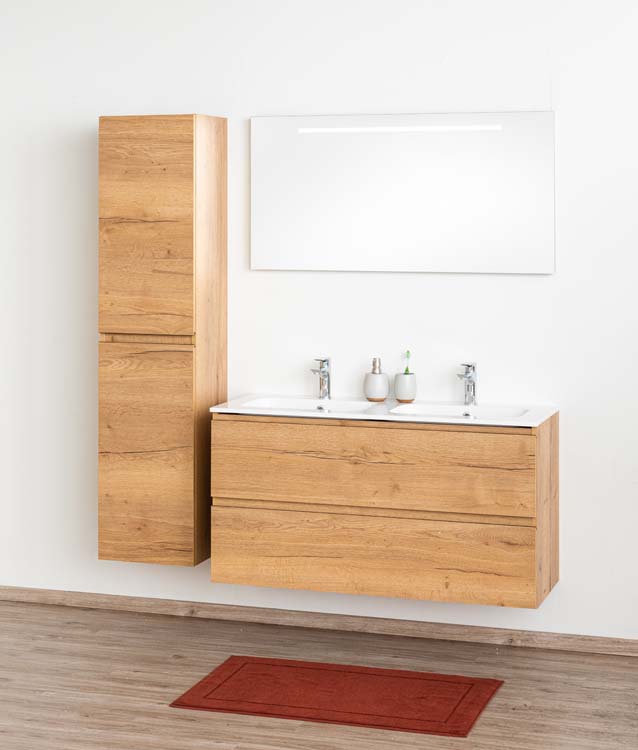 Meuble de salle de bain Daria chêne brun doré 1200 mm 2 lavabo brillant
