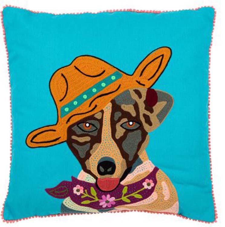 Kussen hond met hoed - blauw - katoen/polyester - 45 x 45 cm