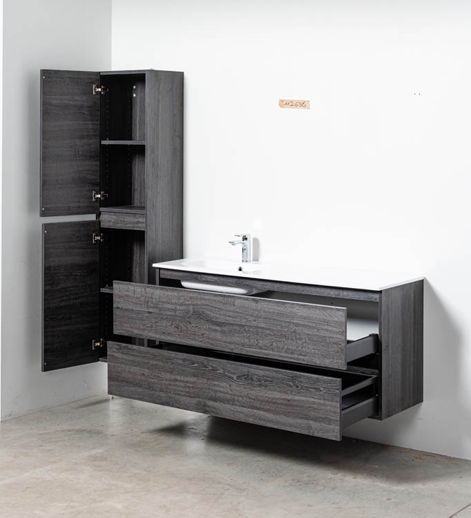 Meuble de salle de bain Dotan chêne foncé 1400 mm lavabo brillant gauche