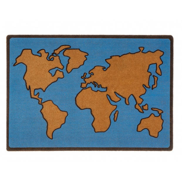Deurmat wereldkaart 65x45 cm blauw/bruin