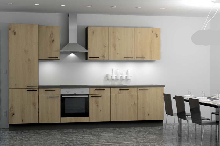 Cuisine bloc 6 premium - 330cm - look de bois - avec appareils