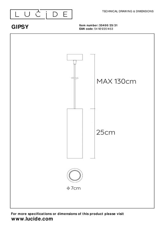 Lucide GIPSY - Hanglamp - Ø 7 cm - GU10 - Wit