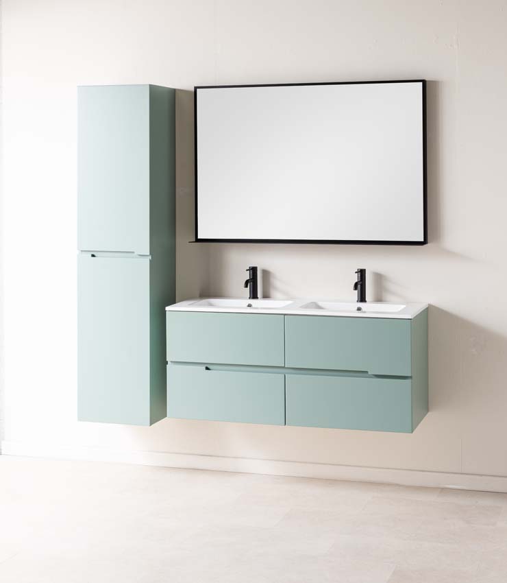 Meuble de salle de bain Truman gris-vert 1200 mm lavabo double brillant gauche