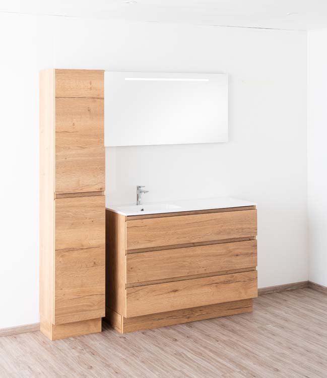Meuble de salle de bain Daria chêne brun doré 1200 mm sur pied lavabo brillant gauche