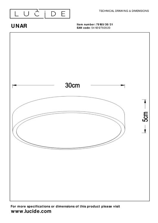 Lucide UNAR - Plafonnier - Ø 30 cm - LED Dim. - 1x18W 2700K - 3 StepDim - Blanc