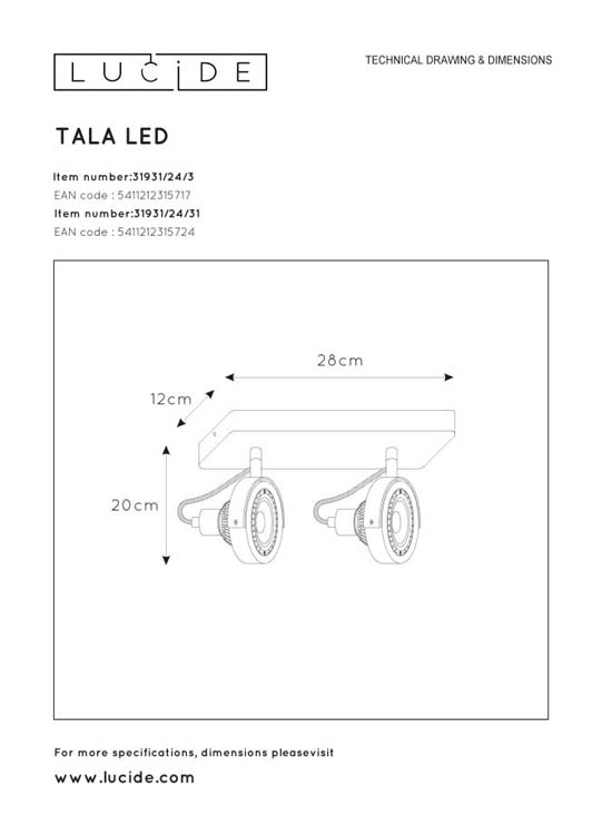 Lucide TALA LED - Plafondspot - GU10 - 2x12W 2200K/3000K - Wit