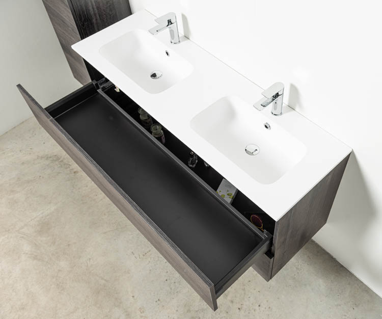 Meuble de salle de bain Dotan chêne foncé 1400 mm 2 lavabo brillant