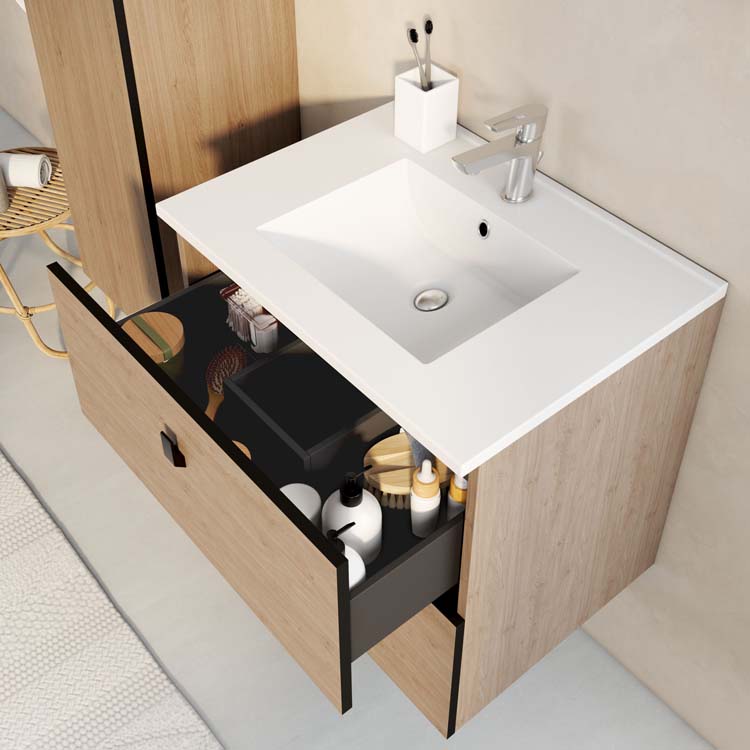 Meuble de salle de bain Andras chêne 2 tiroirs 800 mm lavabo blanc brillant