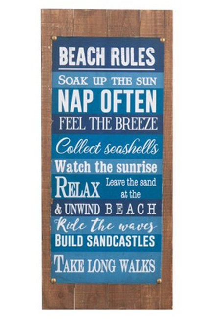 Tableau de texte Beach Rules en bois bleu 36x82 cm