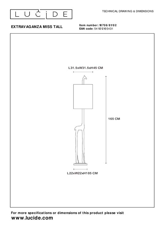 Lucide EXTRAVAGANZA MISS TALL - Lampadaire - Ø 31,5 cm - 1xE27 - Or Mat / Laiton