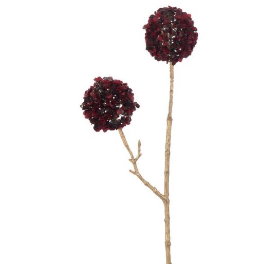 Branche avec 2 fleurs pompons rouge/doré