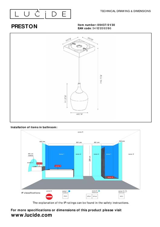 Lucide PRESTON - Suspension Salle de bains - Ø 10 cm - 1xGU10 - IP44 - Noir