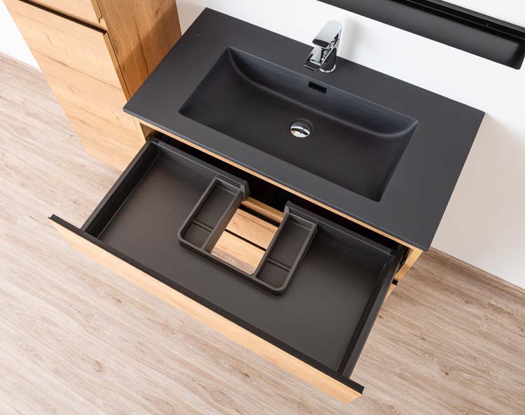 Meuble de salle de bain Daria chêne brun doré 900 mm sur pied lavabo noir mat