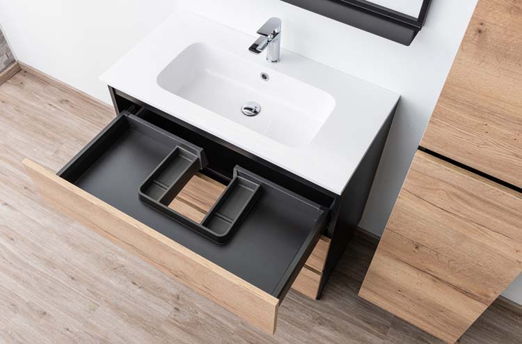 Meuble Dotan noir/chêne 900 mm sur pied lavabo blanc brillant