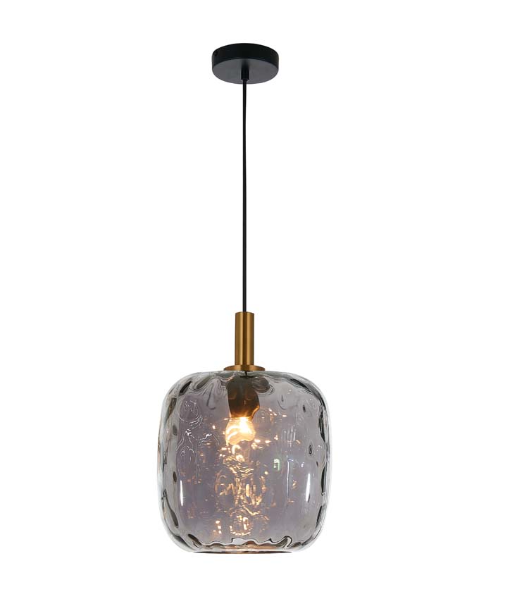 Hanglamp zwart/goud met grijs glas diam 25 cm