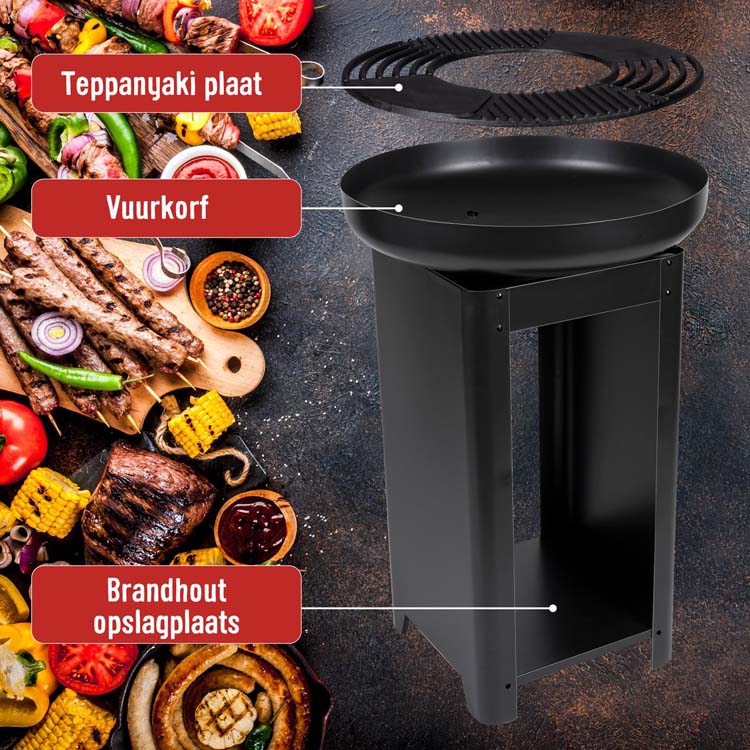 Panier à feu et gril teppanyaki 3 en 1 BBQ D61 x H90 cm noir