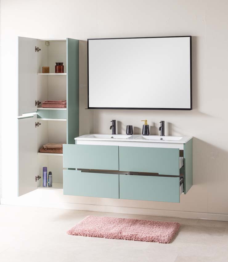 Meuble de salle de bain Truman gris-vert 1200 mm lavabo double brillant gauche