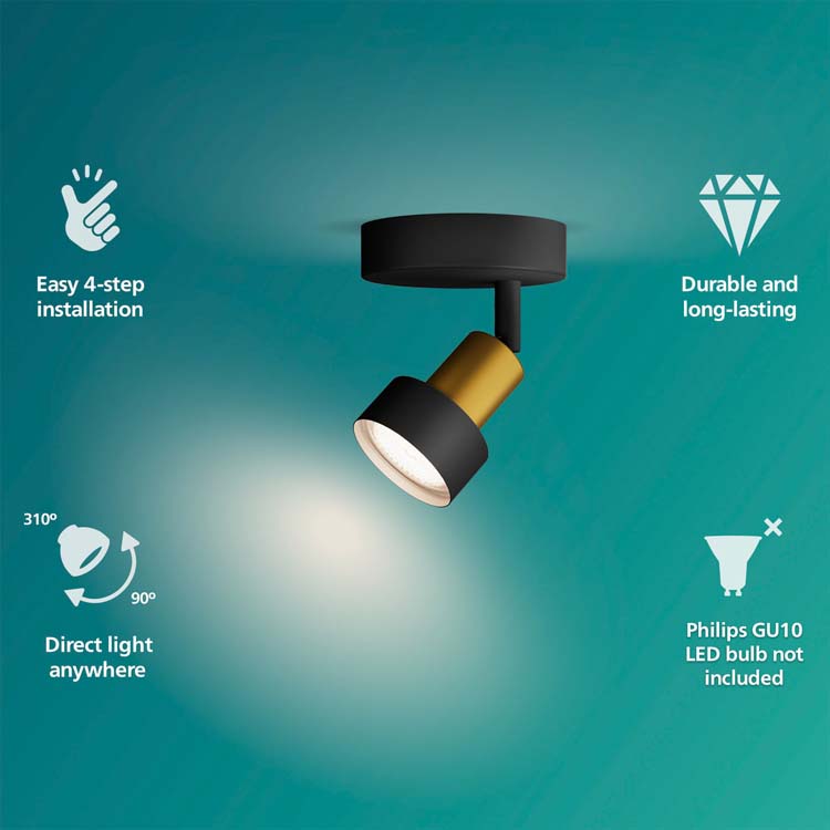 Spot plafond/mur - dimmable - GU10 - 1x5W - lampe excl - noir/dorée