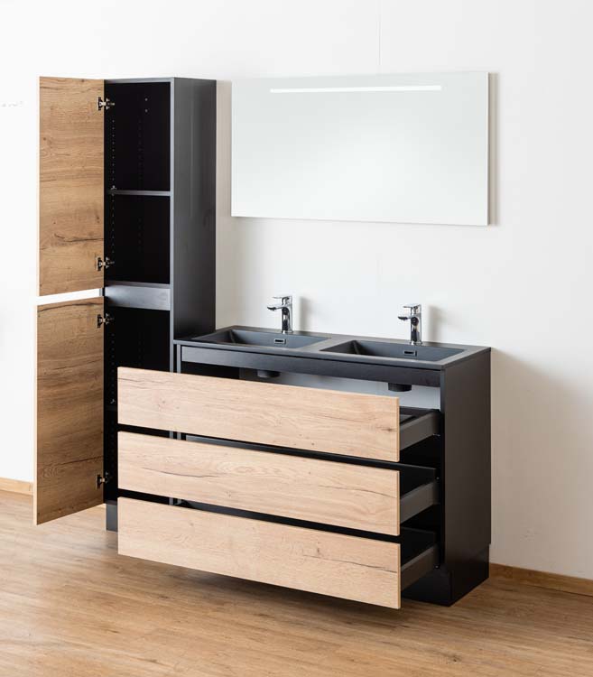 Meuble salle de bain Dotan noir/chêne 1200mm debout 2 lavabos noir