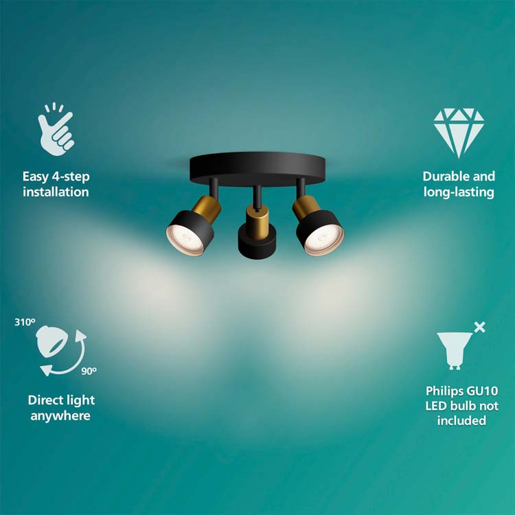 Spot plafond/mur - Ø19.6cm - dimmable - GU10 - 3x5W - lampe excl - noir/dorée