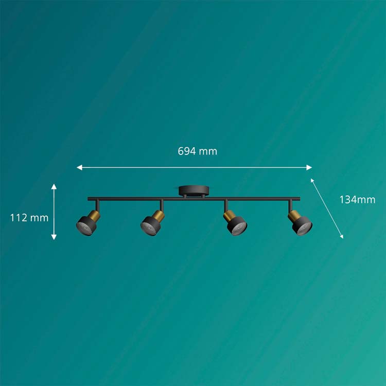 Opbouwspot - dimbaar - GU10 - 4x5W - excl lamp - zwart/goud