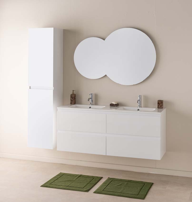 Meuble de salle de bain Tibo blanc 1400 mm lavabo double blanc brillant