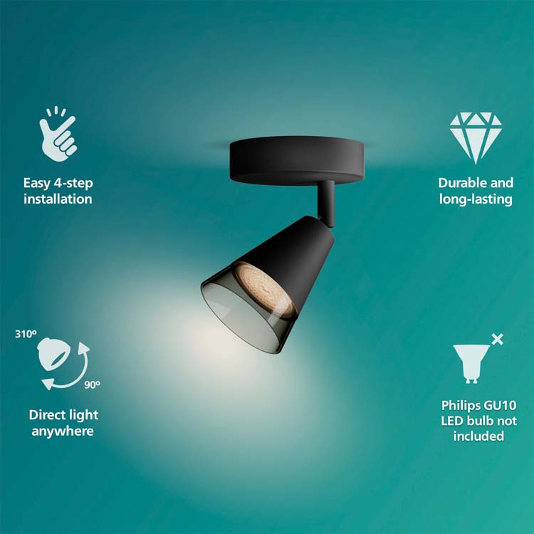 Spot plafond/mur - verre - dimmable - GU10 - 1x5W - lampe excl - noir