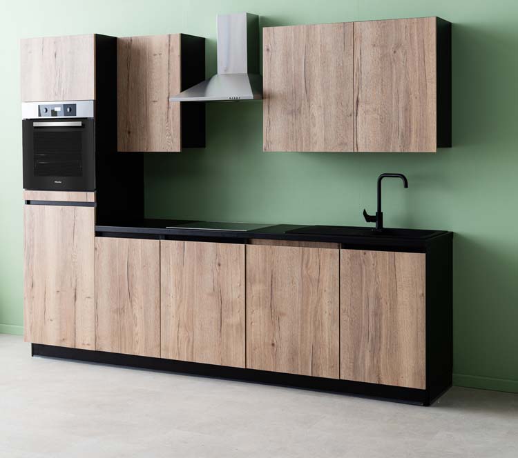 Keuken Plenti 280 cm - oven boven - met toestellen - zwart-houtlook