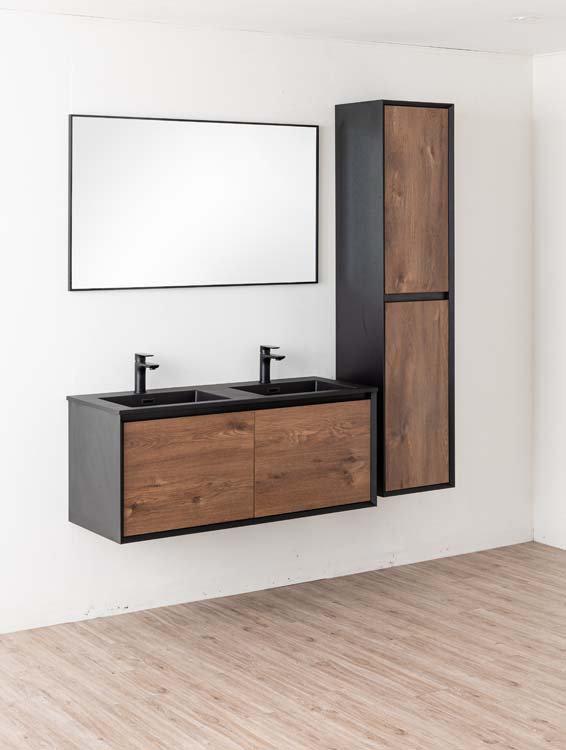 Meuble de salle de bain Justin noir mat/noyer 2 tiroirs 1200 mm
