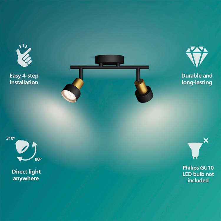 Spot plafond/mur - dimmable - GU10 - 2x5W - lampe excl - noir/dorée