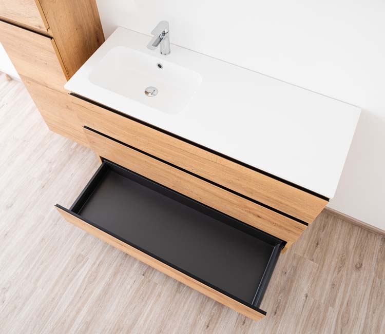Meuble de salle de bain Daria chêne brun doré 1200 mm sur pied lavabo brillant gauche