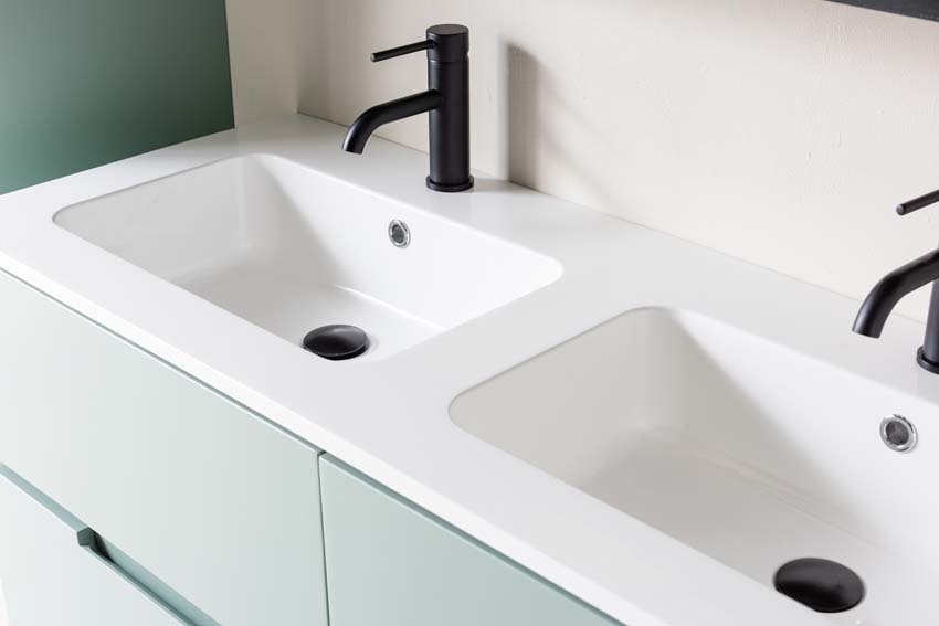 Meuble de salle de bain Truman gris-vert 1200 mm lavabo double brillant gauche