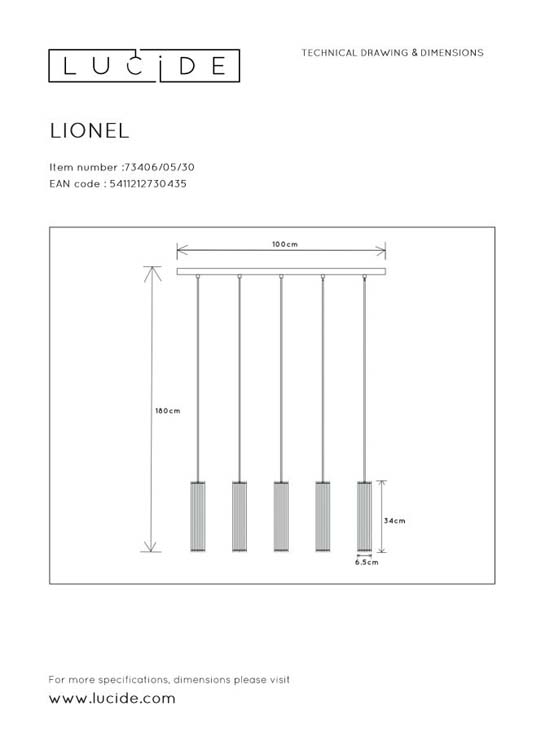 Lucide LIONEL - Hanglamp - 5xE27 - Zwart