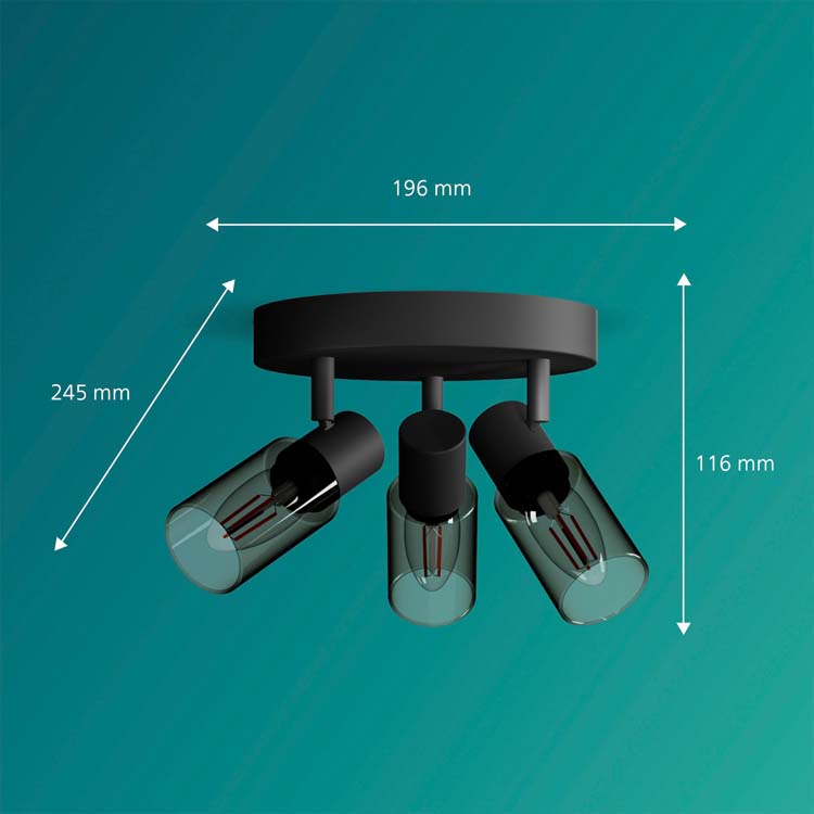 Opbouwspot - glas lang - Ø19.6cm - dimbaar - E14 - 3x25W - excl lamp - zwart