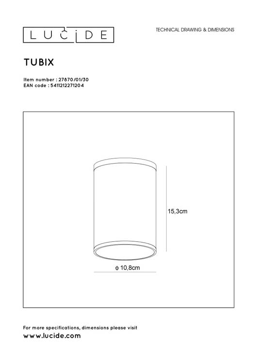Lucide TUBIX - Spot plafond Extérieur - Ø 10,8 cm - E27 - Anthracite