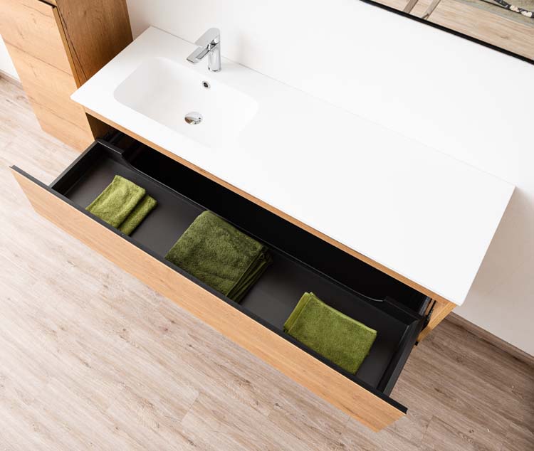 Meuble de salle de bain Daria chêne brun doré 1400 mm lavabo mat gauche
