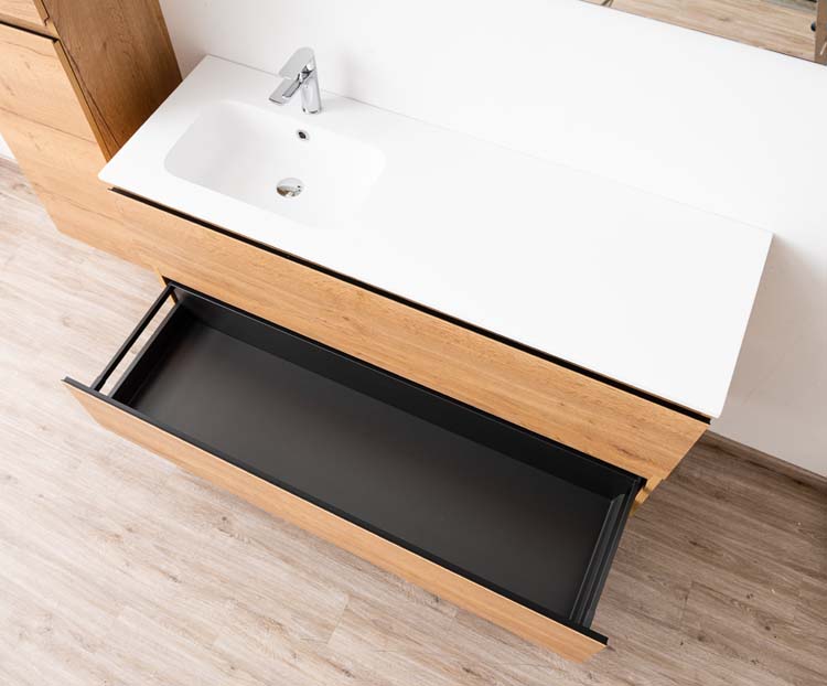 Meuble de salle de bain Daria chêne brun doré 1400 mm lavabo mat gauche