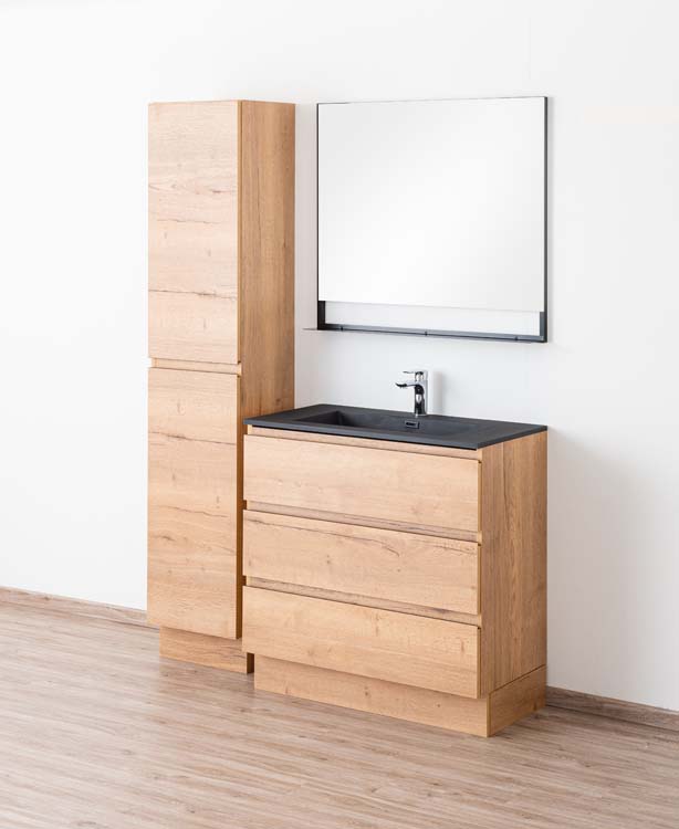 Meuble de salle de bain Daria chêne brun doré 900 mm sur pied lavabo noir mat